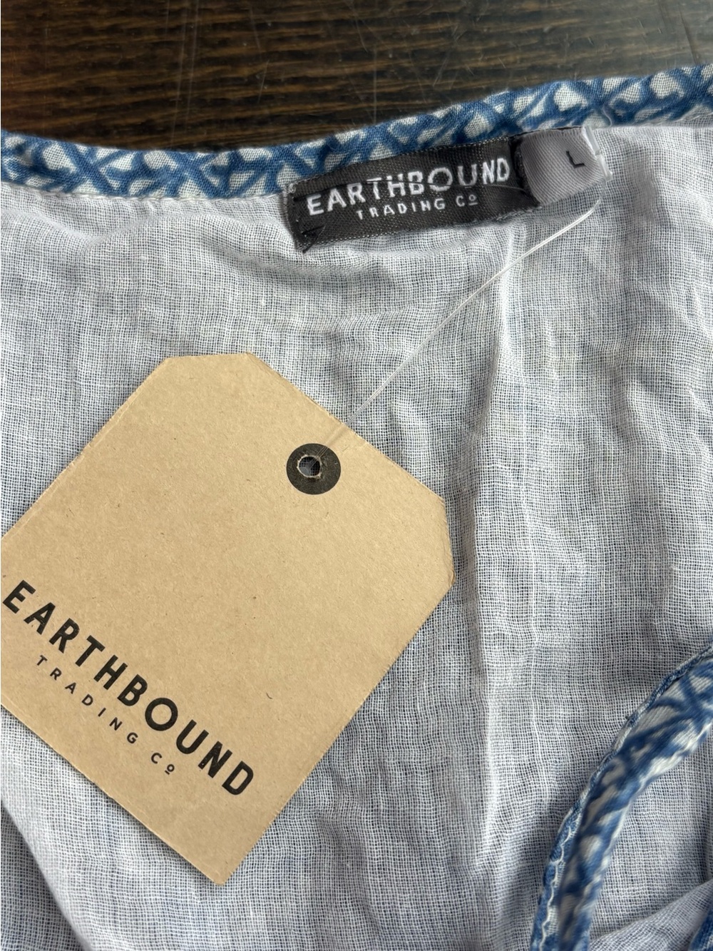 Earthbound Blue & White Beaded Sleeveless Peasant Top Womens Large - Picture 6 of 6